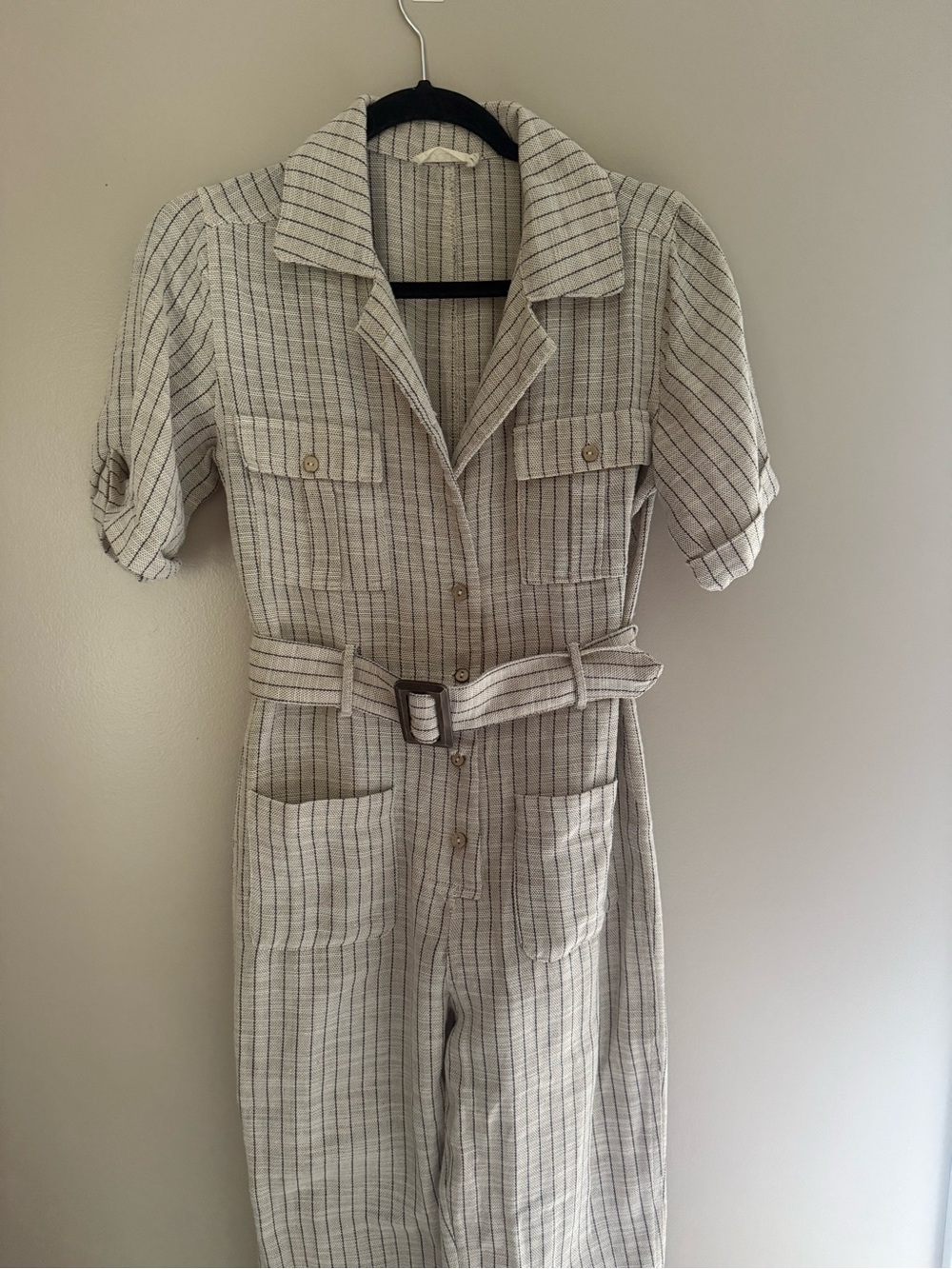 Roolee Cream and Black Striped Utility Jumpsuit with Belt